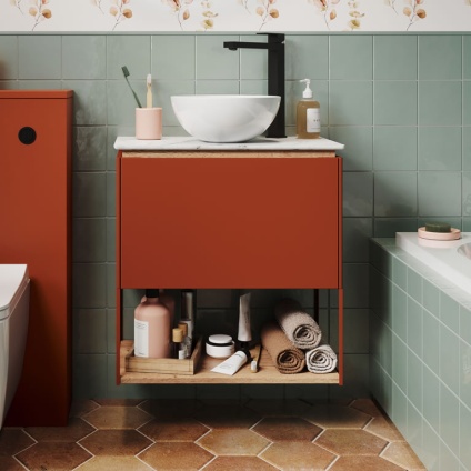 Lifestyle image of Crosswater Mada 600mm Soft Clay Wall-Hung Vanity Unit & Worktop